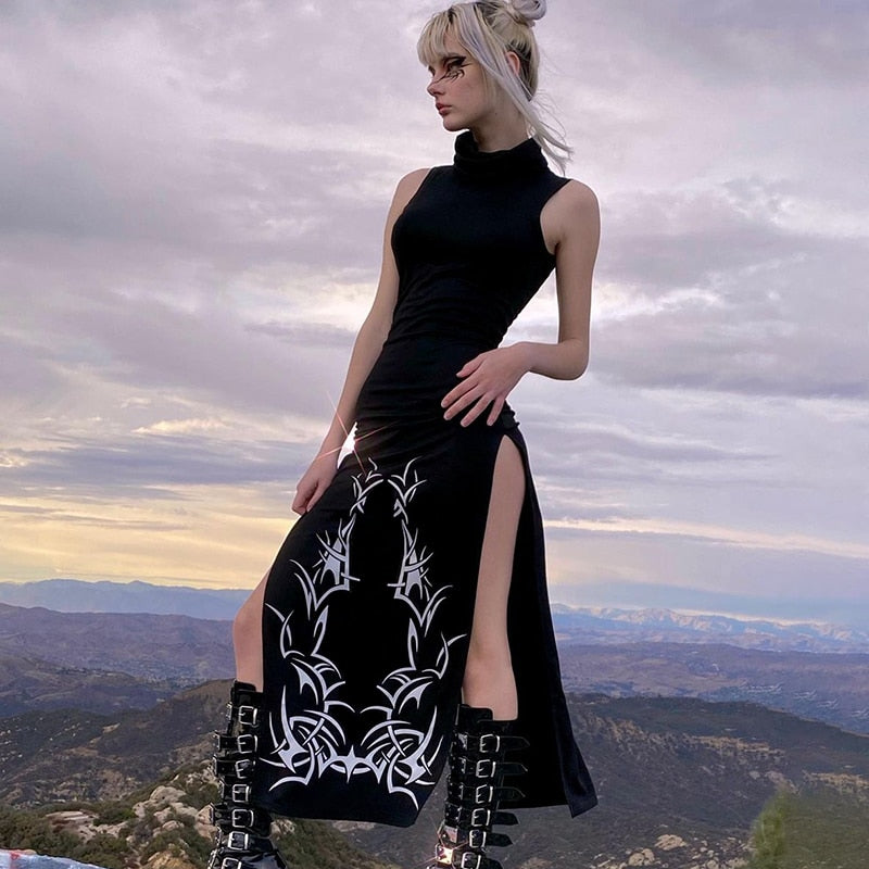 Poshoot  Dark Split Side Summer Dress Gothic  Slim Turtleneck Sleeeveless Long Dresses For Women 2023 Party Night Club Wear