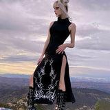Poshoot  Dark Split Side Summer Dress Gothic  Slim Turtleneck Sleeeveless Long Dresses For Women 2023 Party Night Club Wear