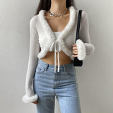 Poshoot    Autumn Winter Faux Fur Trim Long Sleeve T-shirts Front Tie Up Knitted  T shirt Women Cardigan Cropped Top Tee New