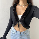 Poshoot    Autumn Winter Faux Fur Trim Long Sleeve T-shirts Front Tie Up Knitted  T shirt Women Cardigan Cropped Top Tee New