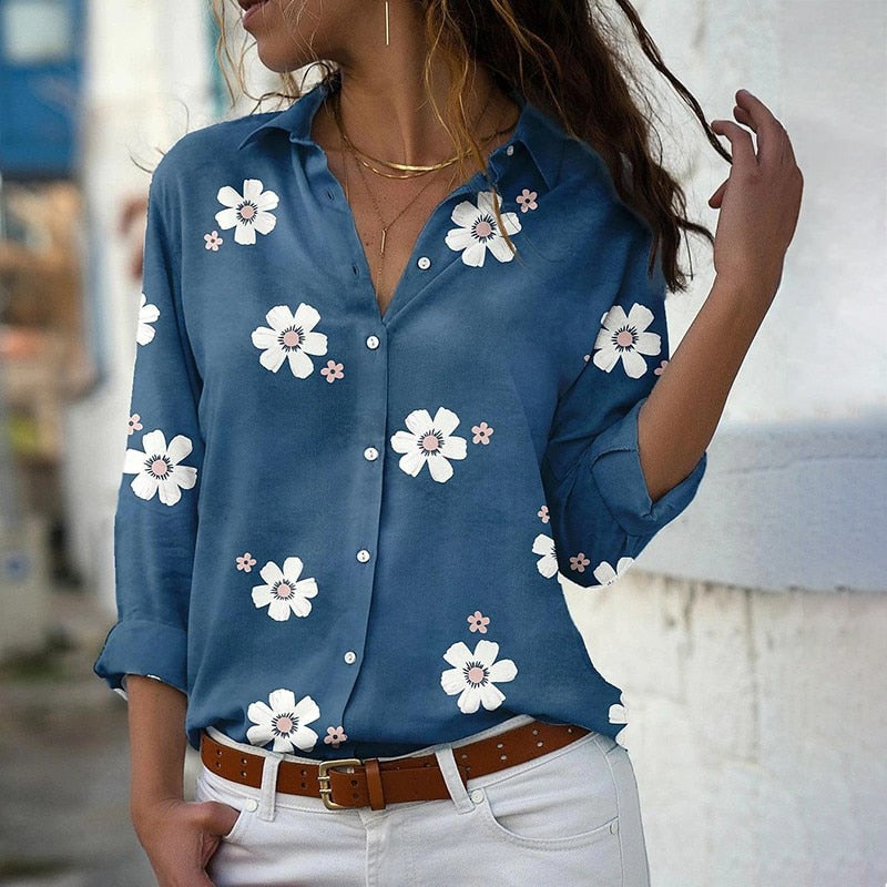 Poshoot  Floral Print Women Shirts And Blouses 2022 Spring Fashion Turn-down Collar Long Sleeve Office Lady Tops Plus Size Casual Blouse