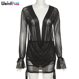 Poshoot   Mesh Backless 2-Piece Sets Women  Deep V-Neck Long Sleeve Top+Shirring Skirt Suit Summer See Through Party Outfit