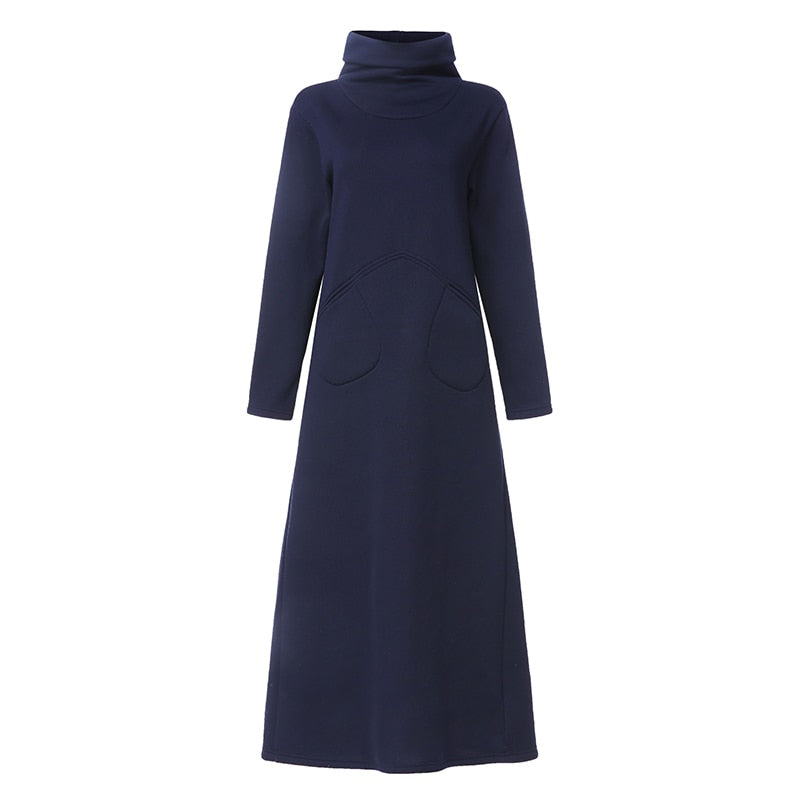 POSHOOT Winter Dress Women Turtleneck Vintage Sweater Dresses 2022  Solid Casual Loose Pocket Long Maxi Vestido Robe