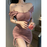 Poshoot  Drawstring Butterfly Sleeve Lace Ruffle Dress Slash Neck Pleated Tight Straps Slim Skinny Mini Dresses Pink Women 8YAX