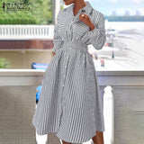 POSHOOT 2022 Fashion Striped Print Shirt Dress Long Sleeve Waist Robe Lady Casual OL Dresses Oversize Women Elegant Midi Vestidos