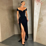 Poshoot 2022 Spring Summer Short Sleeve High Split Formal Evening Dress Women Solid Black Red Bodycon Long Maxi Party Cocktail Dresses