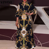 Poshoot  2023 Women Long Dress  3/4 Sleeve Vintage Printed Pleated Dress Bohemian Vestidos Party Robe Woman Clothing Sundress