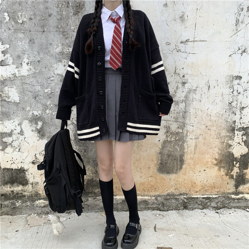 POSHOOT Japanese Sweet Kawaii Knitted Cardigan Women Sweater For Tops Autumn Vintage Splicing Sweaters Jk Student Uniform Sweaters Coats