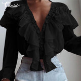 POSHOOT 2022  Solid Ruffles Blouse Women Long Sleeve Tunic Tops Casual Loose Shirt Ladies Elegant Sexy Deep V-Neck Thin Blusas Mujer