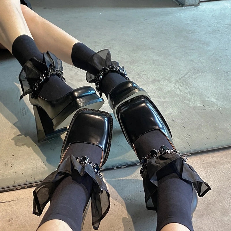 POSHOOT Women Pumps High Heels Black Rhinestones Mary Jane Square Toe Lace Heeled Chunky Heel Retro Patent Leather New Shoes