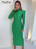 POSHOOT Basic Black Midi Bodycon Dress Autumn Stretchy Long Sleeve Turtleneck Dress 2022 Club Party Dresses Women Green Blue