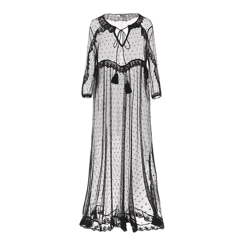 POSHOOT Beach Women Maxi Dress 2022  Bohemian Summer Sundress Lace Vestido Transparent Casual Loose Vintage Layered Dress