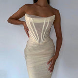 Poshoot  Elegant Corset Bustier Bone Ruched Mesh Midi Dresses Party Night Club  Backless Strapless Summer Dress Bodycon