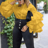 POSHOOT Ruffle Sleeve Shirt Button Up Women Yellow Solid Spring Long Sleeve Top Female Loose Office Work Wear Ladies Casual Blouses 2022