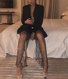 Poshoot   Crystal Diamond Shiny Women Pants Summer New Fashion Hollow Out Fishnet Wide Leg Trousers  See Through Beach Pant