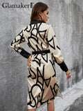 POSHOOT Glamaker Champagne Elegant Party Long Sleeve Geometric Print Shirt Dress With Belt Women Fashion Satin Loose Commute Midi Dress