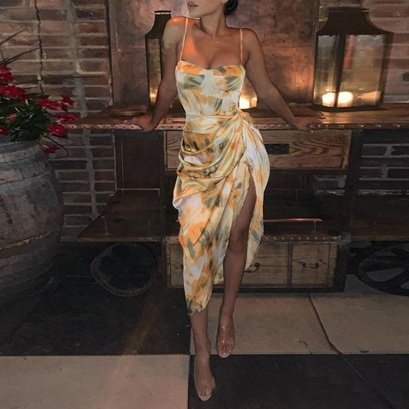POSHOOT Summer Loose Dress 2022 Fashion Women Strappy Backless Sexy Cotton S With Slit Slip Yellow Midi With Floral Pattern Sleeveless