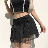 Poshoot  Harajuku Gothic Dark Academia Lace Trim Pleated Skirt Vintage Tie Up High Waist Skirt Mini Woman Goth Skirts 90s