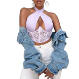 Poshoot    Lace Spliced Cross Halter Bustiers Crop Tops Women Cut Out Plunge V Tank Tops Party Club Summer Backless Vest
