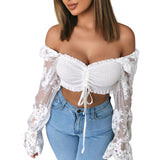 Poshoot  Floral Embroidery Cropped Tops Women Lace Long Sleeve Off-shoulder Blouses Drawstring Front Strapless Tops Solid Color