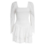 Long Sleeve Autumn White Dress Women Cotton Smocked Bodice  Party Dress Eyelet Embroidery Mini Dress For Women