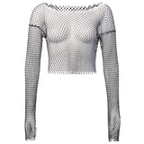 Poshoot   Crystal Diamond See Through Crop Tops 2023 Summer Women Hollow Out Beachwear Tops Shiny  Fashion Party Club Top