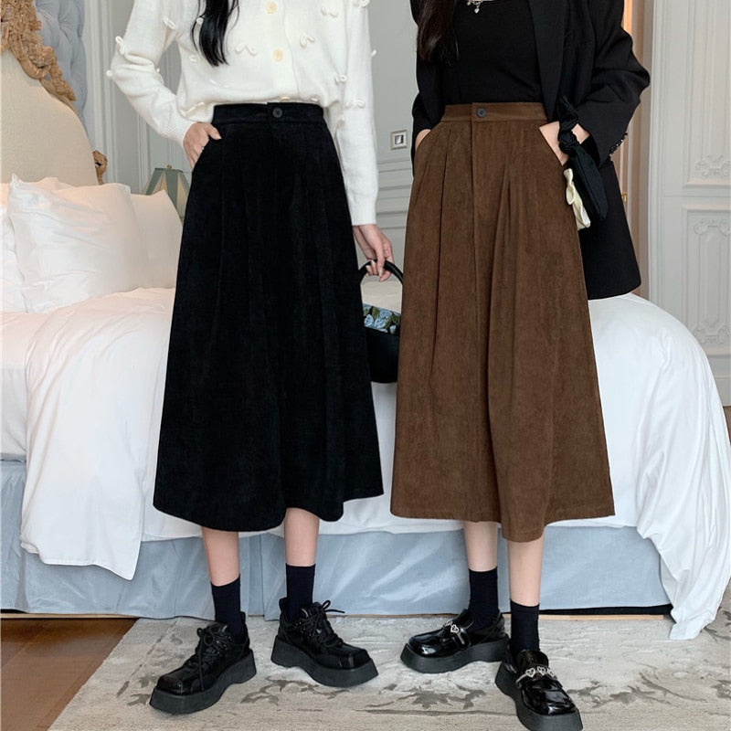 POSHOOT  Corduroy Skirt Women Pure Cotton High Waist A Line Winter Korean Loose Female Midi Skirt Black Vintage New  Faldas