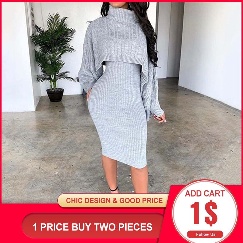 POSHOOT Women Winter Turtleneck Long Sleeve Sweater Dress Matching Outfit Fashion Autumn Bodycon Midi Knitted Dresses Two Piece Set Lady