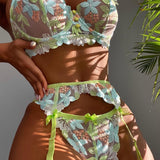 POSHOOT 3-Piece Lace Bra Set Women Floral Embroidery Bow Bra Underwire + Thong Underwear Set Ladies Green Sexy Lingerie Set