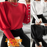 POSHOOT Women Red Tops Ladies Spring O Neck Long Sleeve Button Up Shirts Bohemian Blusas Femme Puff Sleeve Solid Color Party Tops