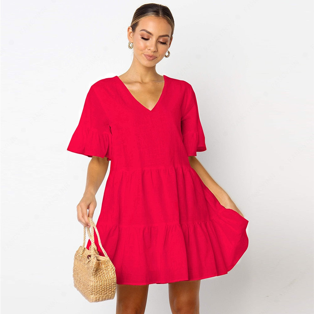 POSHOOT Short Sleeve Dress Batwing A-Line Patchwork 2022 Fashion Women Summer Loose Cotton Solid V-Neck Occidental Style