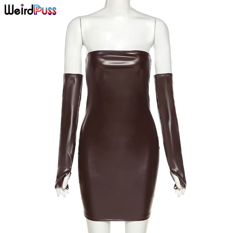 Poshoot Women Sexy Short Faux PU Leather With Gloves Party Dress Fitness Skinny Bodycon Backless Hot Street Fashion Clubwear