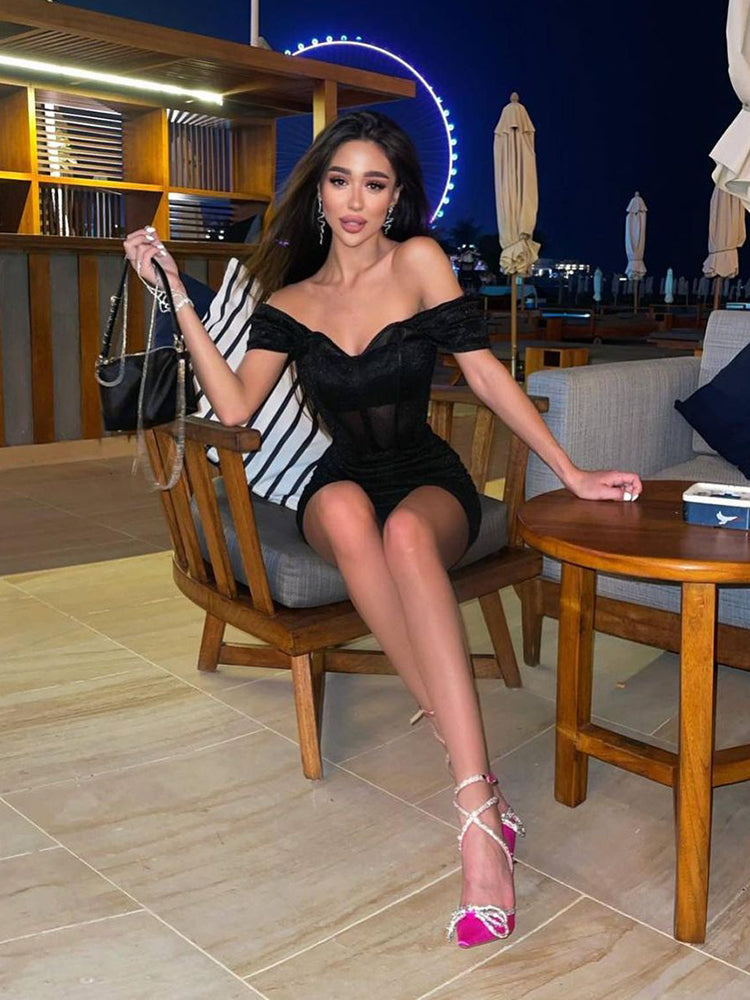 POSHOOT  Off The Shoulder Mini Dress Women Black Sequin Corset Ruched Prom Nightclub Bodycon  Korean Fashion Women Clothing