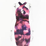 Poshoot  2023 New Tie-Dye Bodycon Dress For Women Party Night Vestidos Cross Lace Up Backless Mini Dress Ladies Elegant Clubwear