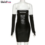 Poshoot Women Sexy Short Faux PU Leather With Gloves Party Dress Fitness Skinny Bodycon Backless Hot Street Fashion Clubwear