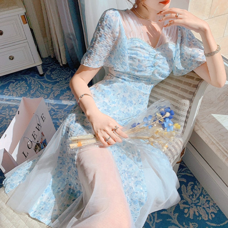 POSHOOT Chiffon Floral Midi Dress Women Lace Short Sleeve Elegant Y2k Blue Party Dress Female 2022 Summer Vintage One Piece Dress Korean