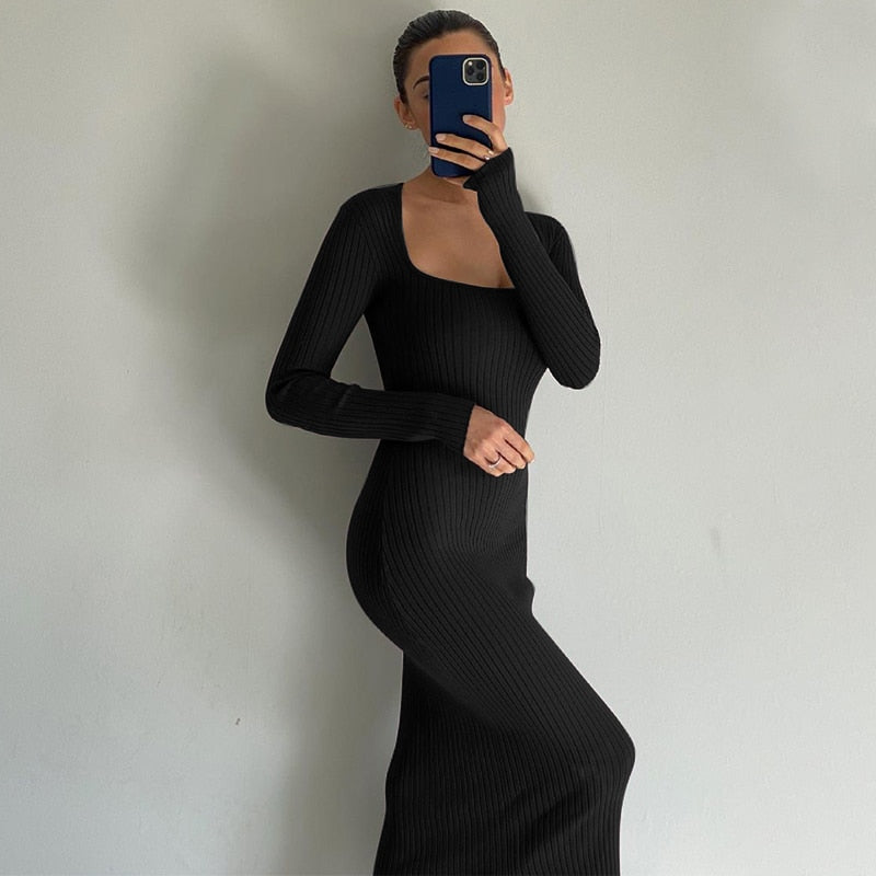 POSHOOT  Long Sleeve Ankle-Length Dress For Woman Square Collar Knit Long Dress Women  Elegant Causal Solid Maxi Dresses