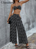 POSHOOT Geometric Print Black Pants Suits Women Metal Chain Cropped Top And Wide Leg Pants Sexy Suits Hollow Out Trousers Sets