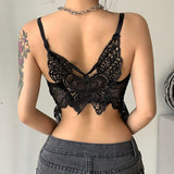 Poshoot  Fashion Chic Black Butterfly Lace Tops Ladies Backless Elegant Transparent  Cropped Tank Top Gothic Summer Vest