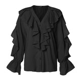 POSHOOT Women's Elegant Shirt Celmia Sexy V Neck Long Sleeve Casual Ruffles Shirt Button Solid Street Blusas  OL Party Tops