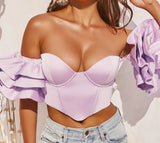 Poshoot  Elegant Ruffles Sleeve Crop Tops Women Strapless Off Shoulder Backless Zipper  Club Party Tops 2023 Summer Clothes