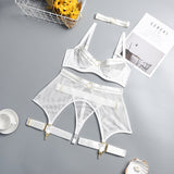 POSHOOT 4-Piece Mesh Bra Set Women Transparent Ring Sexy Underwear Set Underwire Ladies Lingerie Set With Garter Belt