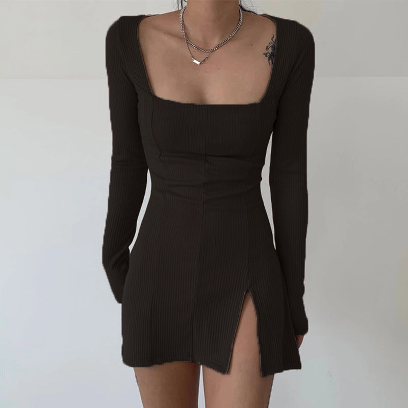 Poshoot  Elegant Square Neck Ribbed Black Dress Female Knitted Side Split Bodycon Dress Long Sleeve Fashion Mini Dresses Basic