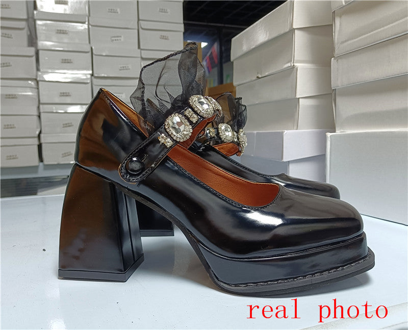 POSHOOT Black Punk Chunky Designer Platform Mary Janes Heels Shoes Women Patent Leather Square Toe Goth High Heels Women Pumps