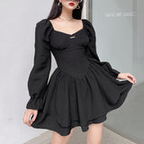 Poshoot  Fashion Elegant Puff Sleeve Black Dress Women Corset Autumn Pleated  Party Dress Mini Double Layer Ruched Clothes