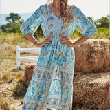 POSHOOT Casual Dress Cotton Midi Chiffon Boho Clothing With Flowers Floral Pattern Summer Loose 2022 Fashion Women A-Line V-Neck Empire