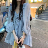 POSHOOT 2022 Autumn Sweet Elegant Chiffon Blouse Women Blue Casual Korean Fashion Blouse Female Ruffle High Street Designer Clothing New