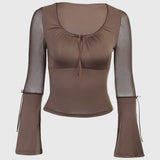 Poshoot   women flare full sleeve tshirt slim elegant slim mesh patchwork transparent high street vintage T shirt 2023 femme tops