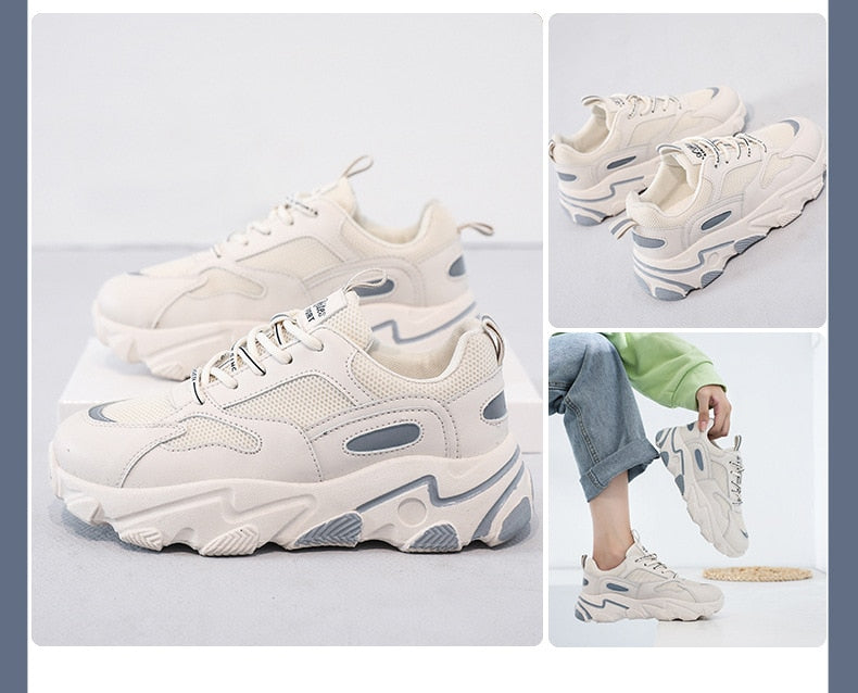 POSHOOT Women Sneakers Fashion Chunky Casual Thick Sole Breathable Mesh Lace Up Platform Vulcanize Footwear Female White Walking Shoes