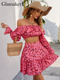 POSHOOT Pink Butterfly Print Spring 2 Piece Suits Sexy Off Shoulder Ruffles Crop Top And A-Line Skirts Women Sets Beach Suits